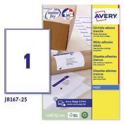 Etichette adesive Avery in carta bianca 199,6x289,1mm, 1 etichetta per foglio, adesivo permanente, inkjet, 25 fogli