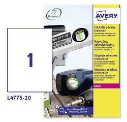 Etichette adesive Avery resistenti in poliestere bianco 210x297mm, 1 etichetta per foglio, adesivo permanente, laser, 20 fogli
