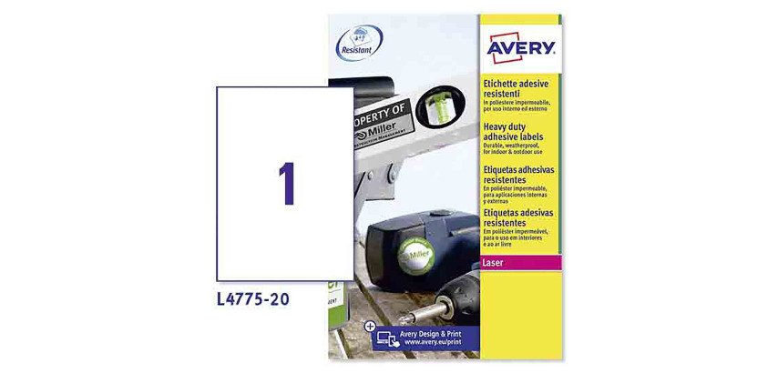 Avery L4775-20 Resistant Labels Self Adhesive 210 x 297 mm White 20 Sheets of 1 Label