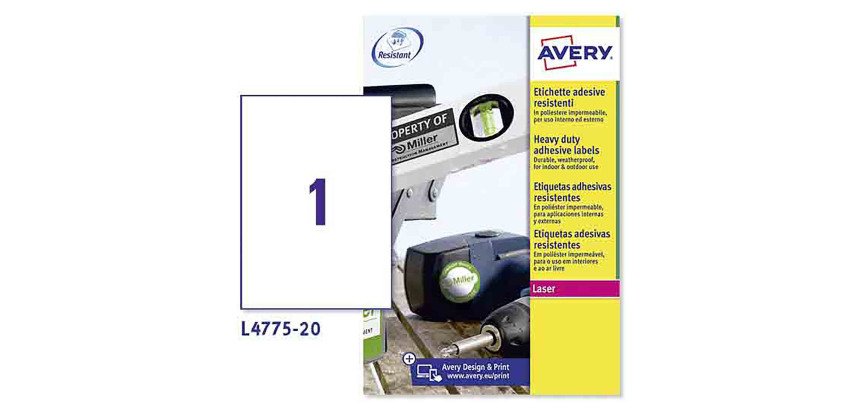 Avery L4775-20 Resistant Labels Self Adhesive 210 x 297 mm White 20 Sheets of 1 Label