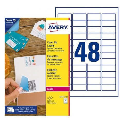 Etichette adesive Avery in carta bianca coprente 45,7x21,2mm, 48 etichette per foglio, adesivo permanente, laser, 25 fogli