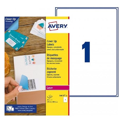 Etichette adesive Avery in carta bianca coprente 199,6x289,1mm, 1 etichetta per foglio, adesivo permanente, laser, 25 fogli