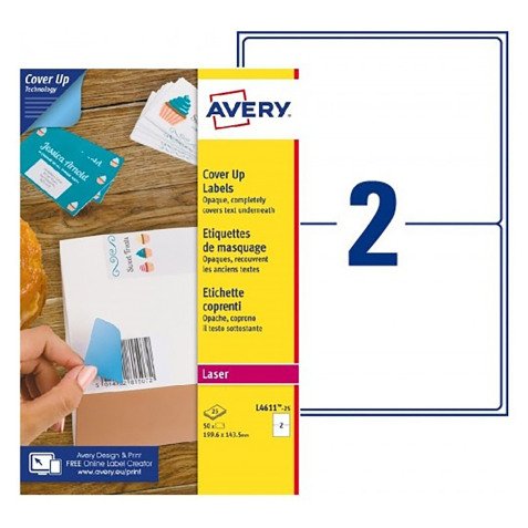 Etichette adesive Avery in carta bianca coprente 199,6x143,5mm, 2 etichette per foglio, adesivo permanente, laser, 25 fogli