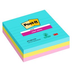 Post-it Miami Super Sticky Large  Notes 101 x 101 mm Assorted Colours Square Ruled 3 Pads of 70 Sheets