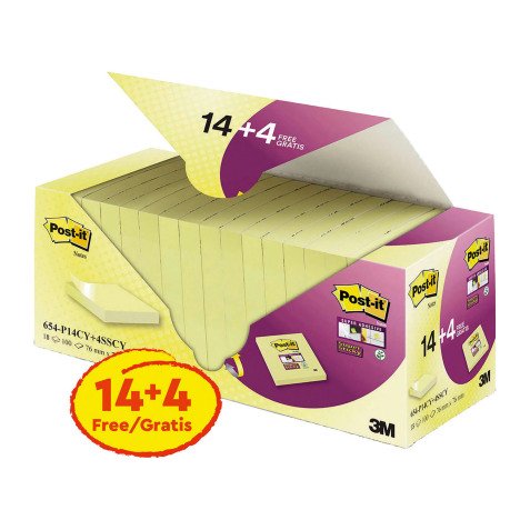 Post-it Giallo Canary 76 x 76 mm 653-TFEN Confezione convenienza 14+4 unità Super Sticky