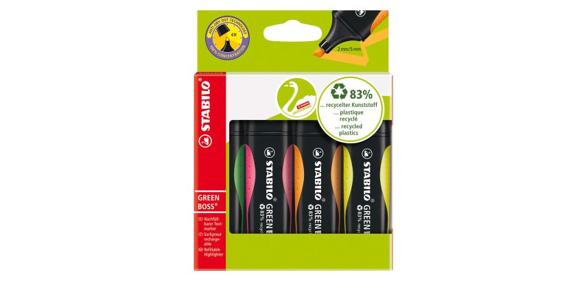 STABILO GREEN BOSS Highlighter Assorted Broad Chisel 2-5 mm Refillable Pack of 4