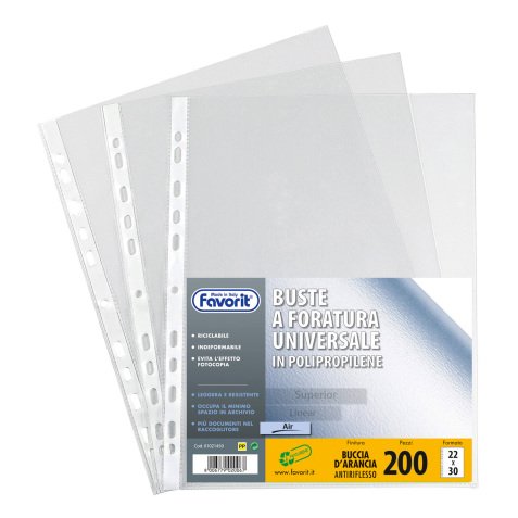 Buste a perforazione Universale Favorit  Air 22 x 30 cm trasparente polipropilene finitura goffrata a buccia d'arancia spessore leggero 200 unità