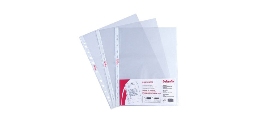 Buste a perforazione Universale Esselte Essentials 22 x 30 cm trasparente polipropilene finitura goffrata a buccia d'arancia spessore leggerissimo 100 unità