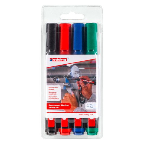 edding 300 Permanent Marker Medium Bullet 3 mm Assorted Refillable Pack of 4