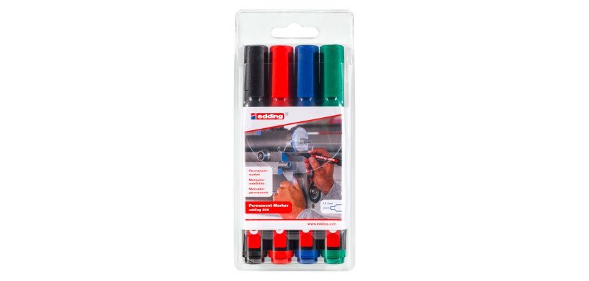 Marcatori permanenti edding 300 punta tonda nero, blu, rosso, verde 4 pezzi