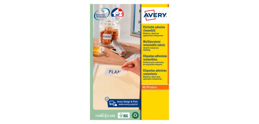Etichette adesive rimovibili Avery in carta bianca riciclata 99,1 x 42,3mm, 12 etichette per foglio, adesivo rimovibile, laser e inkjet, 25 fogli