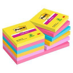 Post-it Super Sticky Notes 76 x 76 mm Rainbow Assorted Colours Square 12 Pads of 90 Sheets