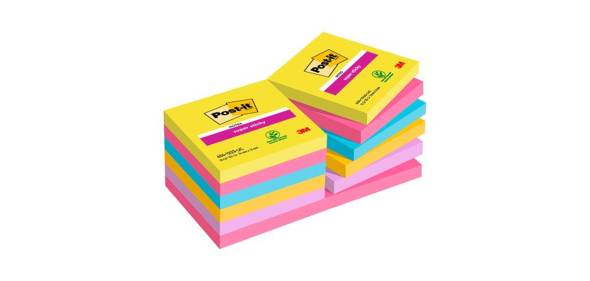 Post-it Super Sticky Notes 76 x 76 mm Rainbow Assorted Colours Square 12 Pads of 90 Sheets