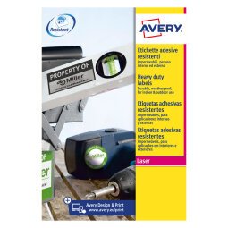 Etichette adesive Avery resistenti in poliestere bianco 63,5x33,9mm, 24 etichette per foglio, adesivo permanente, laser, 20 fogli