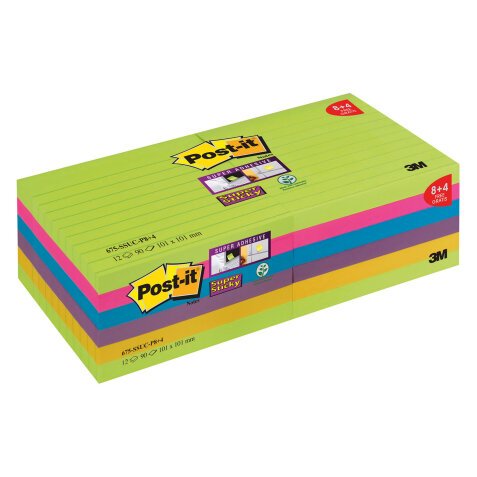 Post-it Super Sticky Notes  101 x 101 mm XL Assorted 12 Pieces of 90 Sheets