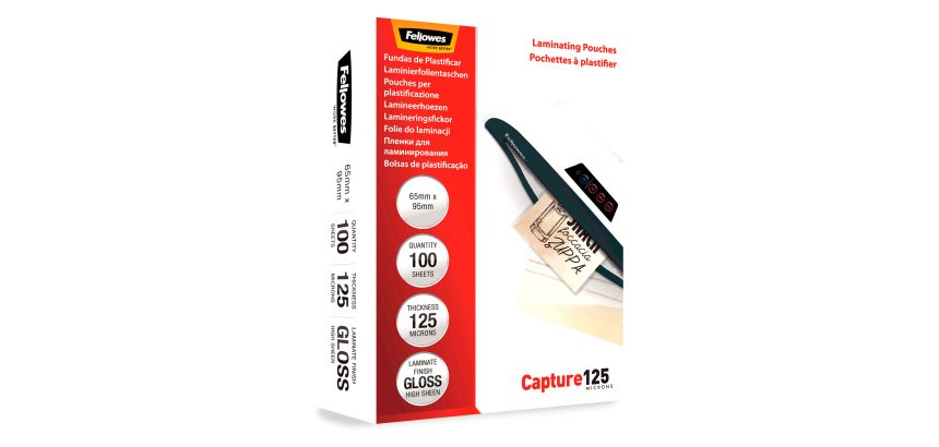 Buste Pouches per plastificazione Fellowes 65 x 95 mm125 micron finitura lucida in conf. da 100 pz