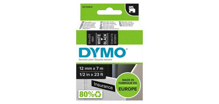 Dymo D1 S0720610 / 45021 Authentic Label Tape Self Adhesive White Print on Black 12 mm x 7m