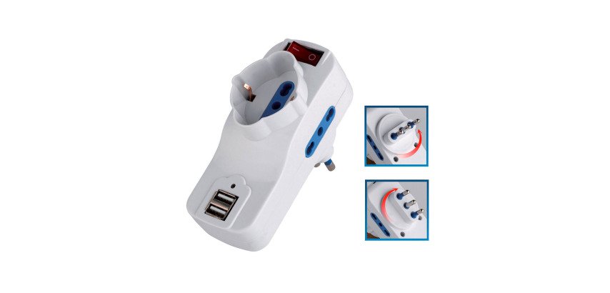 Adattatore rotante spina 16A, 2 prese 10/16A bipasso + 1 presa 10/16A bipasso/schuko + 2 porte USB