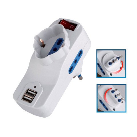 Adattatore rotante spina 16A, 2 prese 10/16A bipasso + 1 presa 10/16A bipasso/schuko + 2 porte USB Melchioni MKC