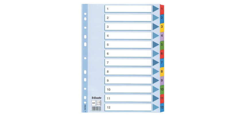 Esselte Mylar Indices 100162 A4 With Reinforced Tabs Multicolour 12 Part Perforated 160 gsm Cardboard 1 to 12
