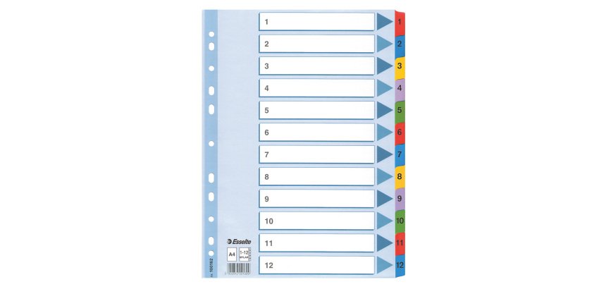 Esselte Mylar Indices 100162 A4 With Reinforced Tabs Multicolour 12 Part Perforated 160 gsm Cardboard 1 to 12