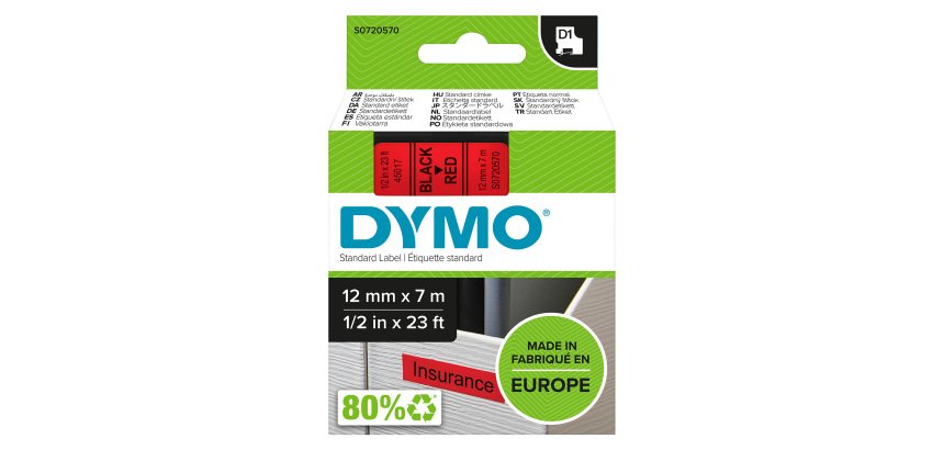 Dymo D1 S0720570 / 45017 Authentic Label Tape Self Adhesive Black Print on Red 12 mm x 7m