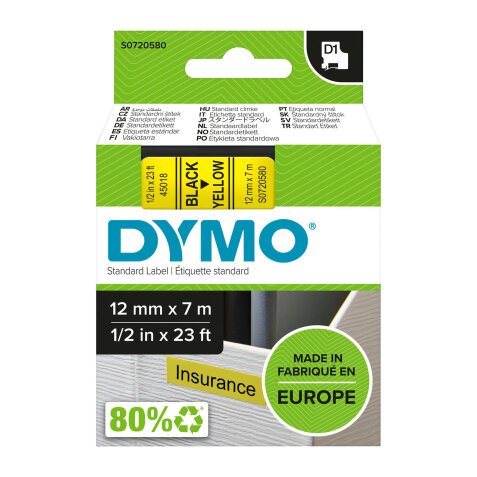 DYMO S0720580 Nastro Standard D1, 12 mm x 7 m, Nero su Giallo