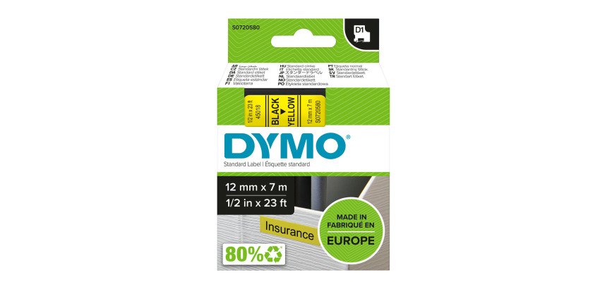 Dymo D1 S0720580 / 45018 Authentic Label Tape Self Adhesive Black Print on Yellow 12 mm x 7m