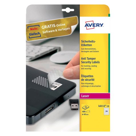 Etichette Avery bianche antimanomissione 45,7x21,2mm, 48 etichette per foglio, adesivo permanente, laser, 20 fogli