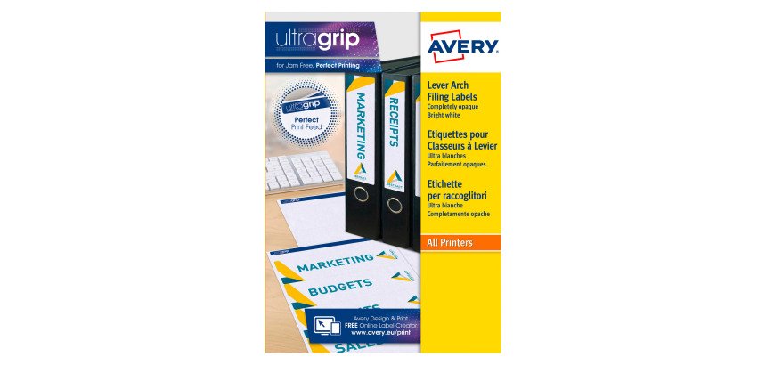 Etichette adesive Avery in carta bianca coprente per raccoglitori 200x60mm, 4 etichette per foglio, adesivo permanente, laser, 25 fogli