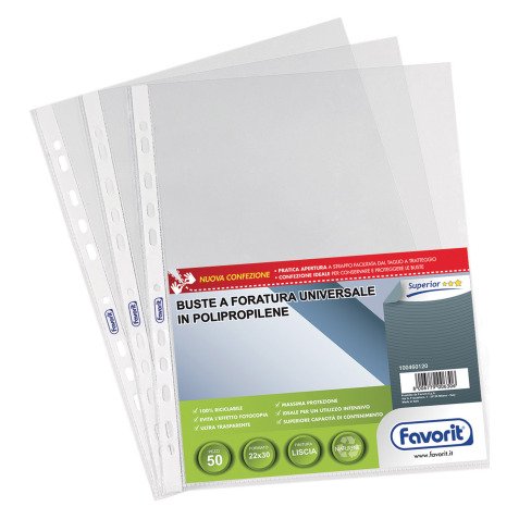 Buste a perforazione Universale Favorit Superior 22 x 30 cm trasparente polipropilene finitura liscia lucida spessore alto 50 unità