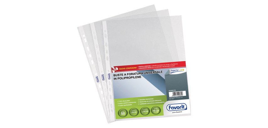 Speciale kit da 5+2 confezioni omaggio da 50 buste a perforazione universale Favorit Superior spessore alto finitura liscia