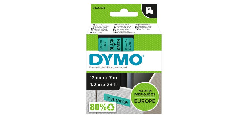 Dymo D1 S0720590 / 45019 Authentic Label Tape Self Adhesive Black Print on Green 12 mm x 7m
