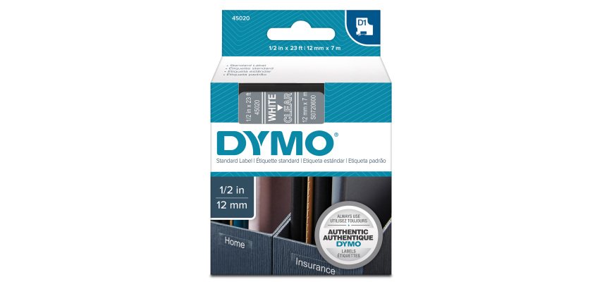 DYMO S0720600 Nastro Standard D1, 12 mm x 7 m, Bianco su Trasparente