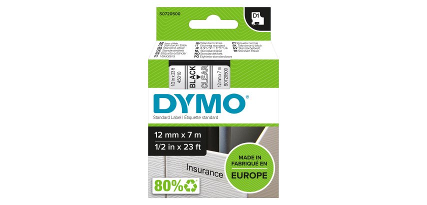 Dymo D1 S0720500 / 45010 Authentic Label Tape Self Adhesive Black Print on Clear 12 mm x 7m