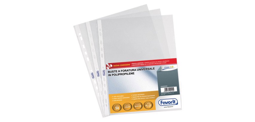 Speciale kit da 5+2 confezioni omaggio da 50 buste a perforazione universale Favorit Linear spessore medio finitura goffrata a buccia d'arancia