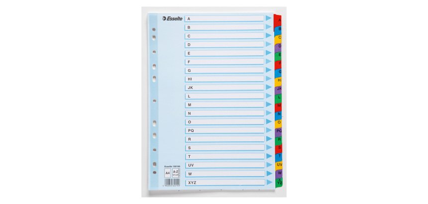 Esselte Mylar Indices 100166 A4 With Reinforced Tabs Multicolour 20 Part Perforated 160 gsm Cardboard A to Z