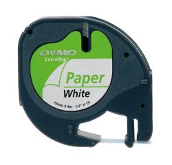 Dymo LT S0721510 / 91200 Authentic LetraTag Paper Label Tape Self Adhesive Black Print on White 12 mm x 4m