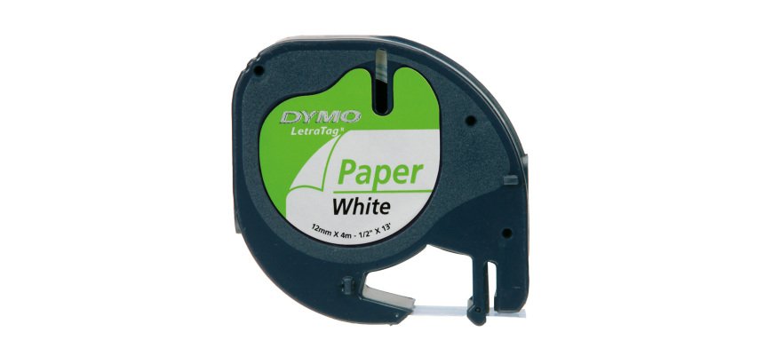 Dymo LT S0721510 / 91200 Authentic LetraTag Paper Label Tape Self Adhesive Black Print on White 12 mm x 4m