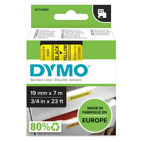 Dymo D1 S0720880 / 45808 Authentic Label Tape Self Adhesive Black Print on Yellow 19 mm x 7m