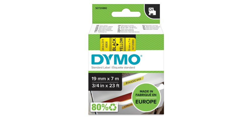 DYMO S0720880 Nastro Standard D1, 19 mm x 7 m, Nero su Giallo
