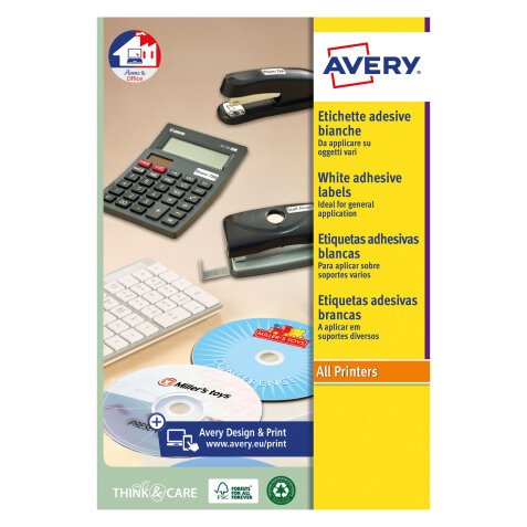 Etichette adesive Avery in carta bianca per CD d.117mm, 2 etichette per foglio, adesivo permanente, laser, 25 fogli