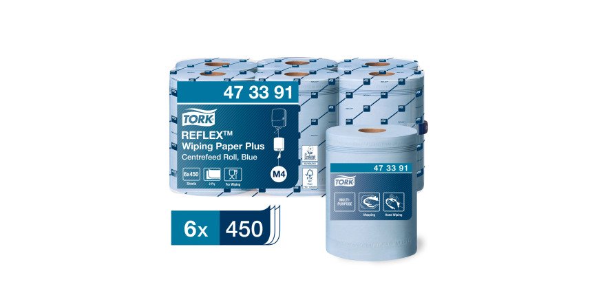 Tork Reflex™ Carta asciugatutto Plus blu M4, SmartCore®, 6 rotoli da 450 strappi