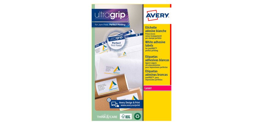 Etichette adesive Avery in carta bianca 63,5x72mm, 12 etichette per foglio, adesivo permanente, laser, 100 fogli