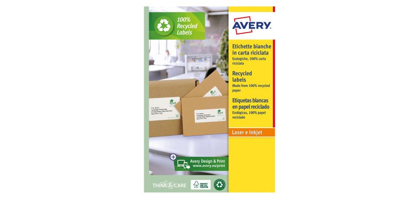Etichette Avery bianche in carta riciclata al 100%, 199,6x143,5mm, 2 etichette per foglio, adesivo permanente, laser e inkjet, 100 fogli