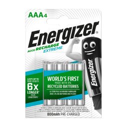 Energizer AAA Rechargeable Batteries Extreme HR03 800mAh NiMH 1.2V Pack of 4