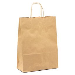 Buste shopper con cordino – carta Biokraft colore avana - Dimensioni (H x L x P): 34,5 x 26 x 11 cm - 25 unità