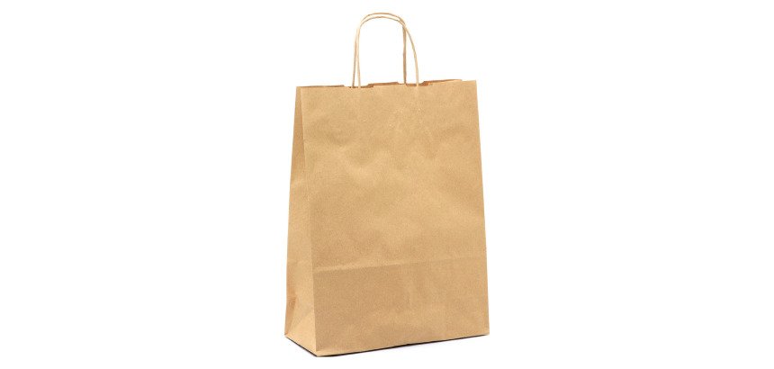 Buste shopper con cordino – carta Biokraft colore avana - Dimensioni (H x L x P): 34,5 x 26 x 11 cm - 25 unità