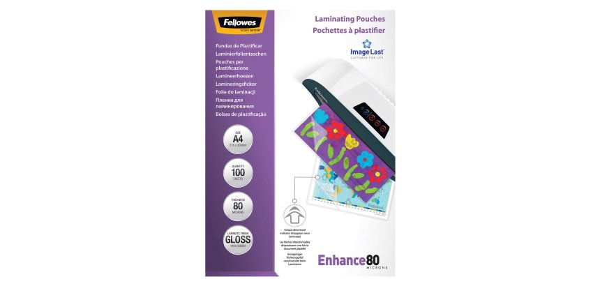 Buste Pouches per plastificazione Fellowes A4 80 micron finitura lucida in conf. da100 pz