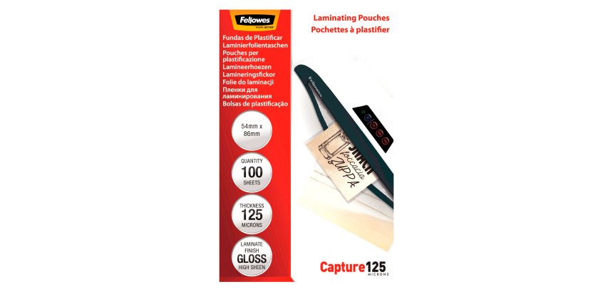 Buste Pouches per plastificazione Fellowes 54 x 86 mm 125 micron finitura lucida in conf. da 100 pz